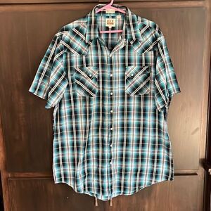 Ely Cattleman Blue Plaid Pearl Snap Short Sleeve Shirt XL Tall